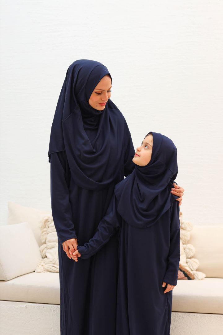 Tek Parça Fermuarlı Anne - Çocuk Kombini Namaz Elbisesi  Lacivert