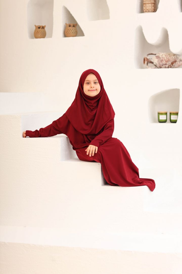 Tek Parça Fermuarlı Çocuk  Namaz Elbisesi Bordo