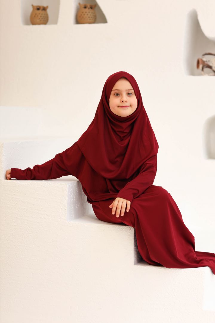 Tek Parça Fermuarlı Çocuk  Namaz Elbisesi Bordo