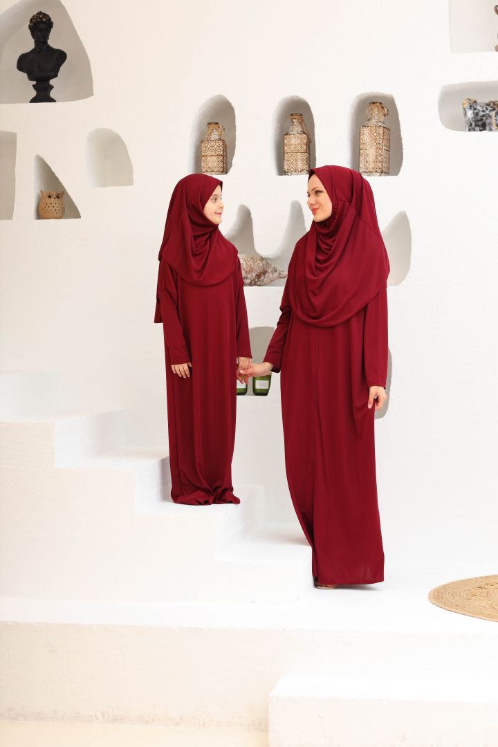 Tek Parça Fermuarlı Anne - Çocuk Kombini Namaz Elbisesi Bordo