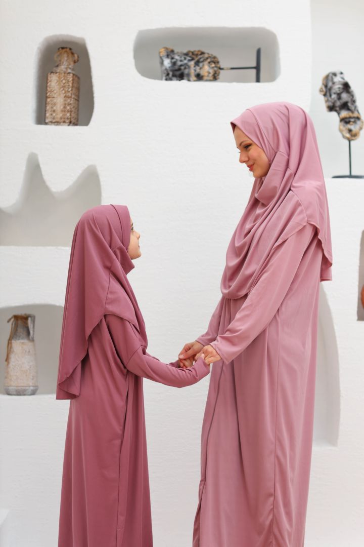 Tek Parça Fermuarlı Anne - Çocuk Kombini Namaz Elbisesi  Gül Kurusu - Koyu Gül Kurusu